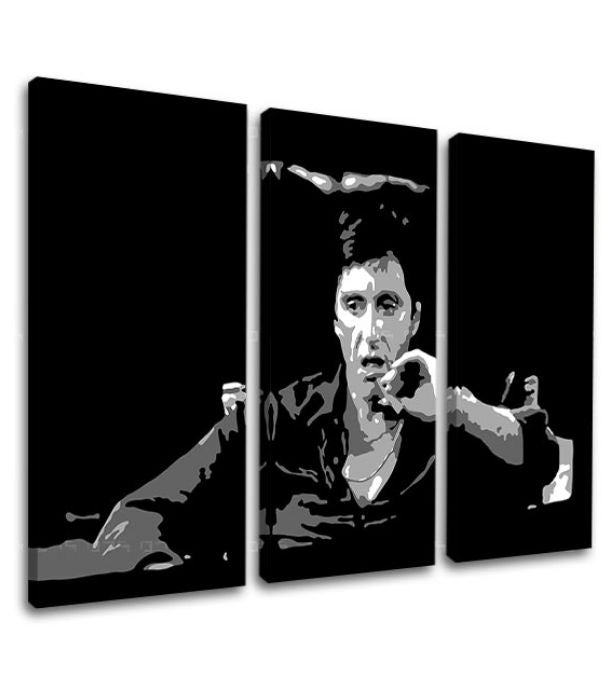 Pop art slika na platnu s motivom Tony Montana razmišlja nad svojim plánom, cigara u belo-crnih nijansama, drska atmosfera, filmski svet i nostalgija – proizvod