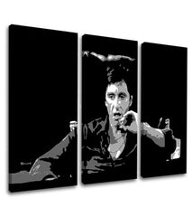 Pop art slika na platnu s motivom Tony Montana razmišlja nad svojim plánom, cigara u belo-crnih nijansama, drska atmosfera, filmski svet i nostalgija – proizvod