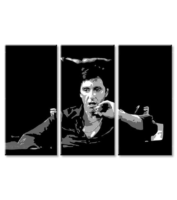 Pop art slika na platnu s motivom Tony Montana razmišlja nad svojim plánom, cigara u belo-crnih nijansama, drska atmosfera, filmski svet i nostalgija – proizvod, pogled 2