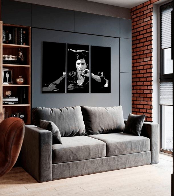Pop art slika s motivom Tony Montana razmišlja nad svojim plánom, cigara u belo-crnih nijansama | Najveći mafiáni na platnu Scarface - Tony Montana razmišlja nad svojim plánom – pregled