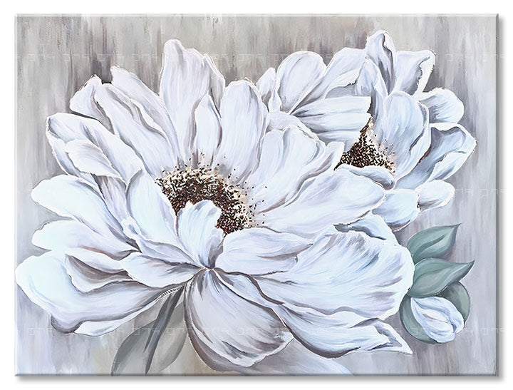Moderan slika na platnu s motivom JEMNÉ BIELE CVEĆE, cveće, priroda u belo-sivih nijansama, mirna atmosfera, priroda i elegancija, pogodan za dnevnog boravka – proizvod, pogled 2