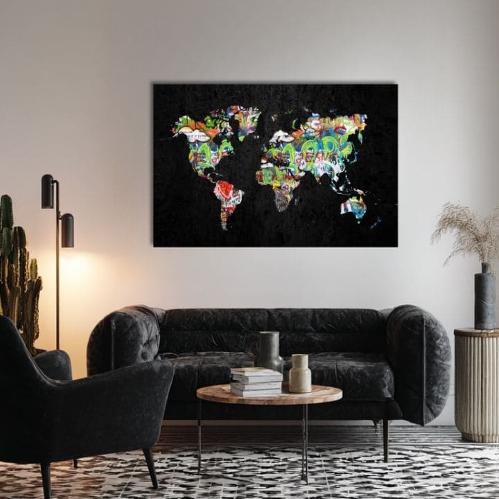 Moderan slika na platnu s motivom Motýlia Harmonija - Čierno-zlatý Dizajn, mapa sveta u crnih nijansama, energična atmosfera | Slika na platnu Motýlia Harmonija - Čierno-zlatý Dizajn – p..., pogled 3