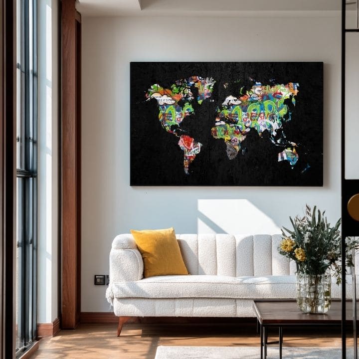 Moderan slika na platnu s motivom Motýlia Harmonija - Čierno-zlatý Dizajn, mapa sveta u crnih nijansama, energična atmosfera | Slika na platnu Motýlia Harmonija - Čierno-zlatý Dizajn – p..., pogled 2