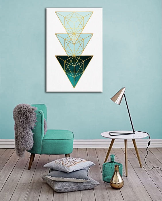 Geometrijski slika na platnu s motivom Pure Meditation u belo-zelenih nijansama okačena u enterijeru dnevnog boravka, mirna atmosfera | Slika za zid Pure Meditation – enterijer