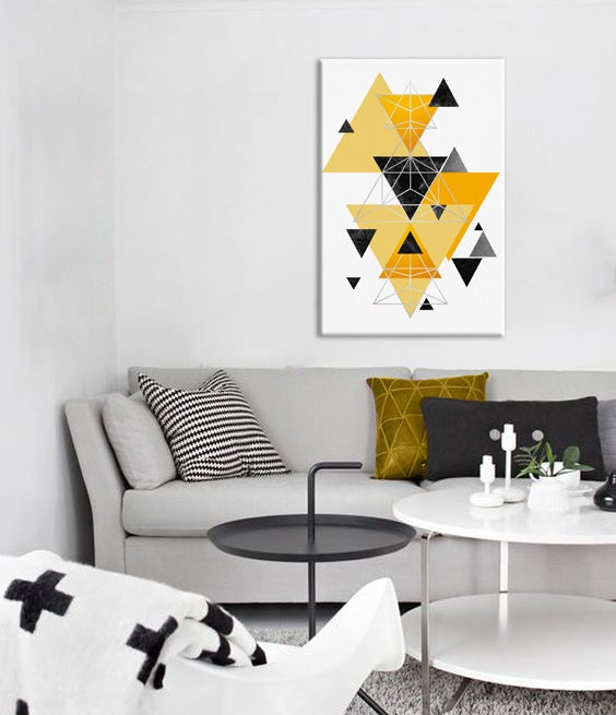 Geometrijski slika na platnu s motivom Beaten Resignation u belo-crnih nijansama okačena u enterijeru kancelarije | Slika za zid Beaten Resignation – enterijer