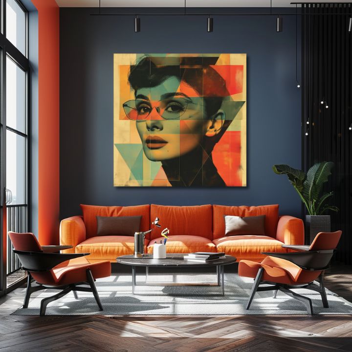 Moderan slika na platnu s motivom Nezaboravna lepota, naočare u tirkizno-narandžastih nijansama, ikonografija | Audrey Hepburn slika na platnu - Nezaboravna lepota – proizvod