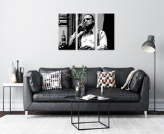 Pop art slika na platnu s motivom Marlon Brando, cigara, flaša, priroda u belo-sivih nijansama, dramatična atmosfera, filmski svet i snaga i moć – glavna