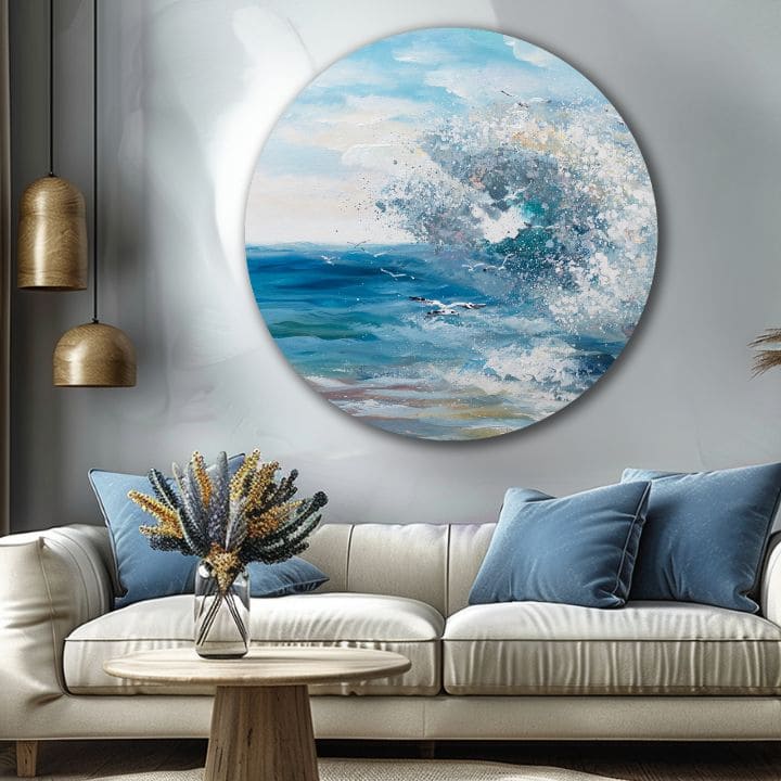 U boho stilu slika na platnu s motivom okean, talasi, nebo, more i plaža u belo-plavih nijansama, energična atmosfera, priroda i sloboda, pogodan za spavaće sobe – proizvod
