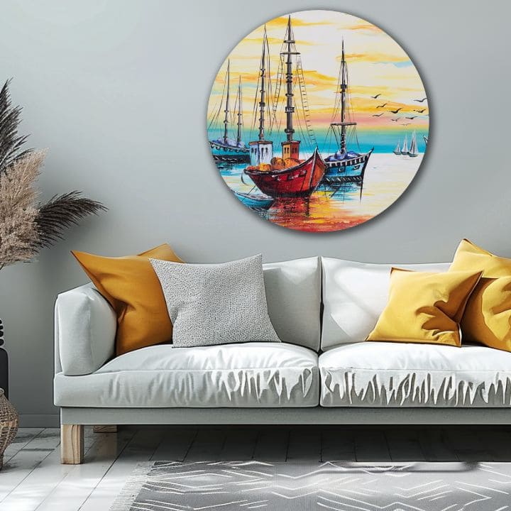 Pop art slika na platnu s motivom okean, nebo, pejzaž u plavo-narandžastih nijansama, mirna atmosfera, pogodan za kuhinje | Okrugli slikan slika Nekonečná lepota – proizvod