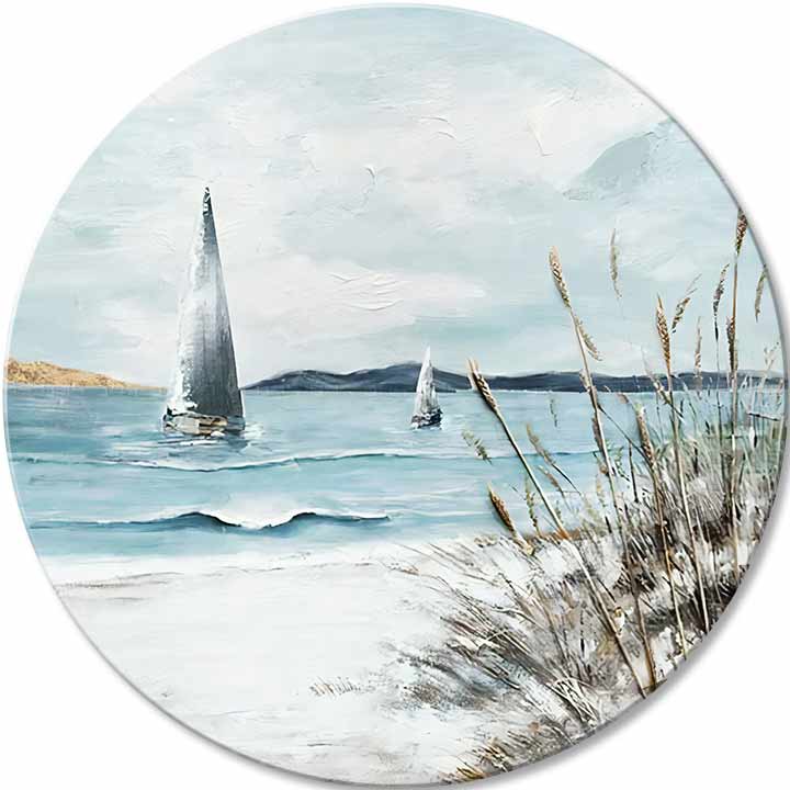 U boho stilu slika na platnu s motivom okean, pejzaž, more i plaža u belo-bežih nijansama, mirna atmosfera, primorski život i priroda, pogodan za spavaće sobe – glavna