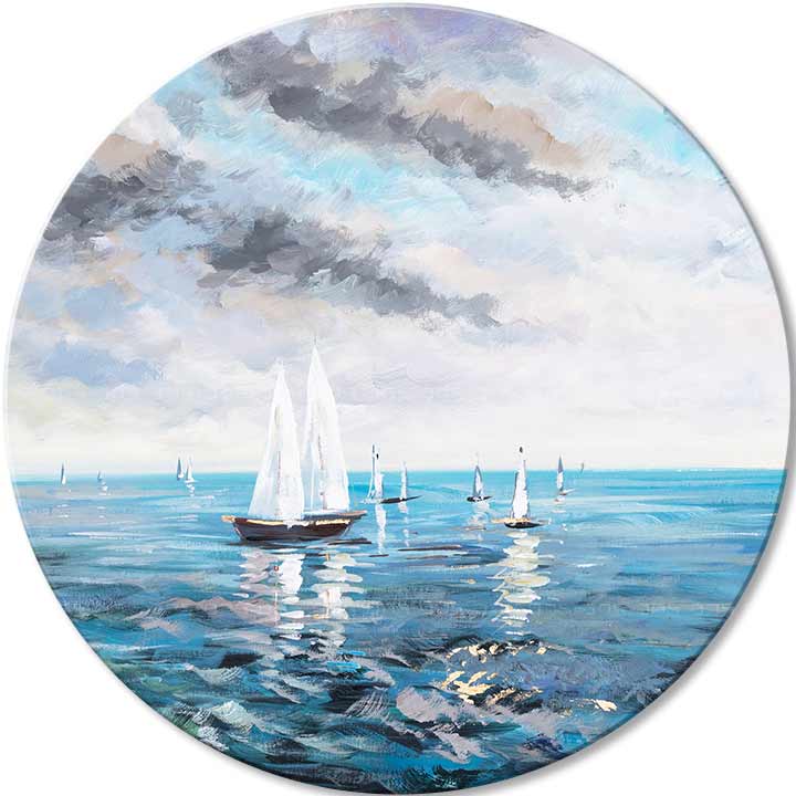 Ručno slikan slika na platnu s motivom Azúrové horizonty, okean, nebo, oblaci, dečji motiv u belo-plavih nijansama, mirna atmosfera – glavna