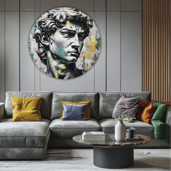 Pop art slika na platnu s motivom Antický pogled Davida u plavo-ružičastih nijansama, intenzivna atmosfera, vreme, pogodan za kancelarije | Okruglo slike s akrylom Antický pogled Davida – proizvod, pogled 2