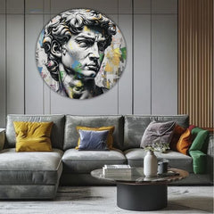 Pop art slika na platnu s motivom Antický pogled Davida u plavo-ružičastih nijansama, intenzivna atmosfera, vreme, pogodan za kancelarije | Okruglo slike s akrylom Antický pogled Davida – proizvod, pogled 2