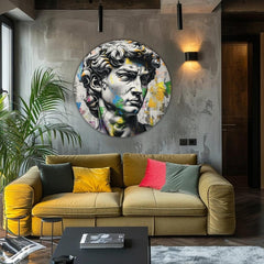 Pop art slika na platnu s motivom Antický pogled Davida u plavo-ružičastih nijansama, intenzivna atmosfera, vreme, pogodan za kancelarije | Okruglo slike s akrylom Antický pogled Davida – proizvod