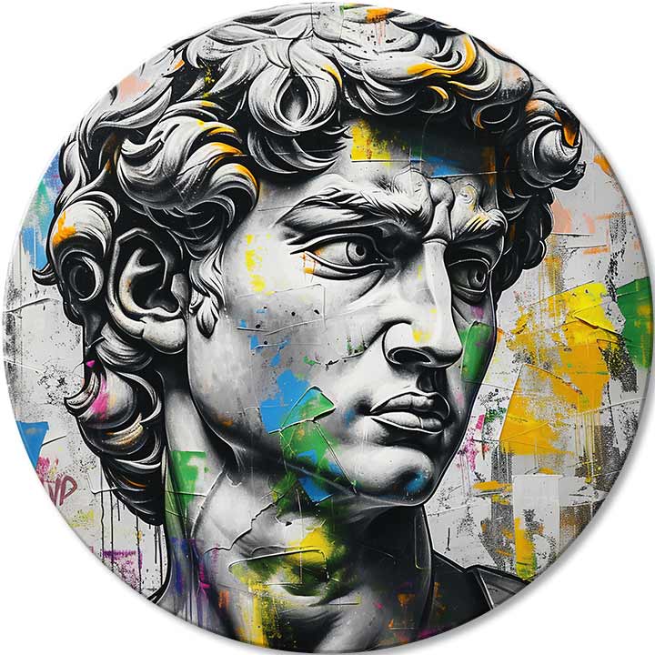 Pop art slika na platnu s motivom Antický pogled Davida u plavo-ružičastih nijansama, intenzivna atmosfera, vreme, pogodan za kancelarije | Okruglo slike s akrylom Antický pogled Davida – glavna