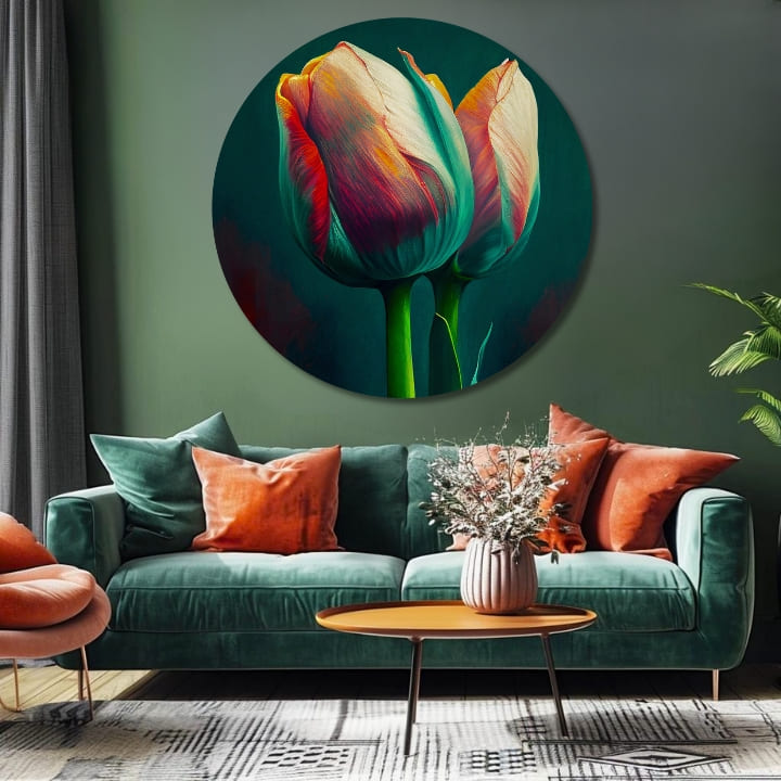 Pop art slika na platnu s motivom Manželský slub, tulipani, cveće, priroda u plavo-narandžastih nijansama, elegantna atmosfera, priroda i prolećna atmosfera – proizvod