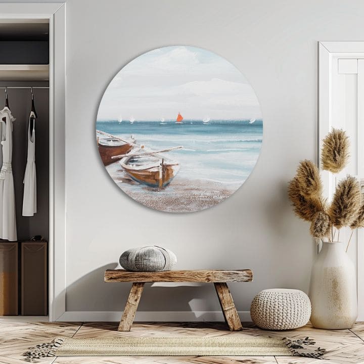 U boho stilu slika na platnu s motivom okean, plaža, nebo, pejzaž, more i plaža u belo-bežih nijansama, mirna atmosfera, pogodan za spavaće sobe – proizvod
