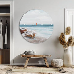 U boho stilu slika na platnu s motivom okean, plaža, nebo, pejzaž, more i plaža u belo-bežih nijansama, mirna atmosfera, pogodan za spavaće sobe – proizvod