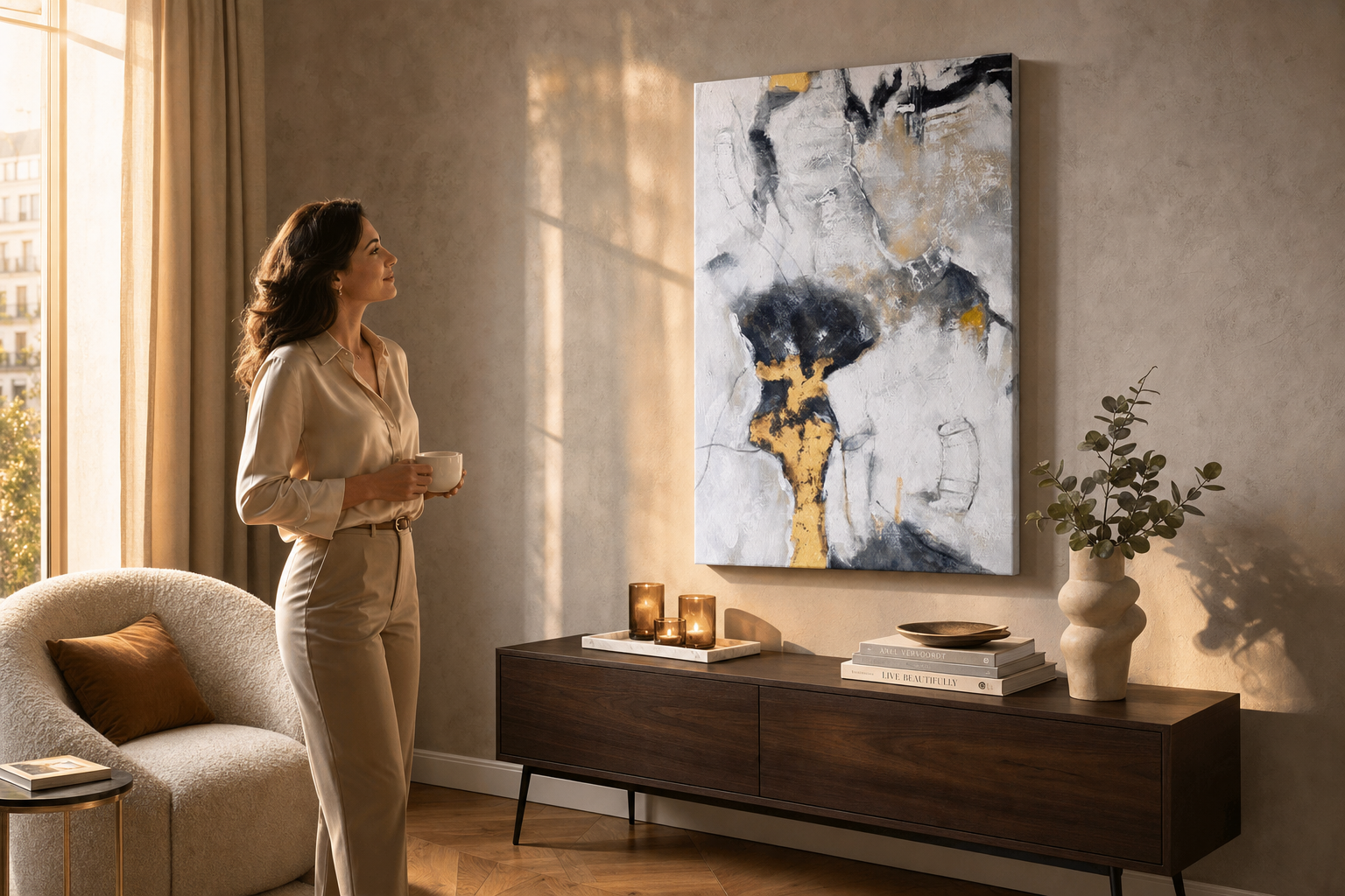 Oslikana slika za zid APSTRAKT 80x120 cm – ručno oslikana slika u elegantnom enterijeru (Golden hour luxe) | wall mockup | premium platno | Papilora.sk