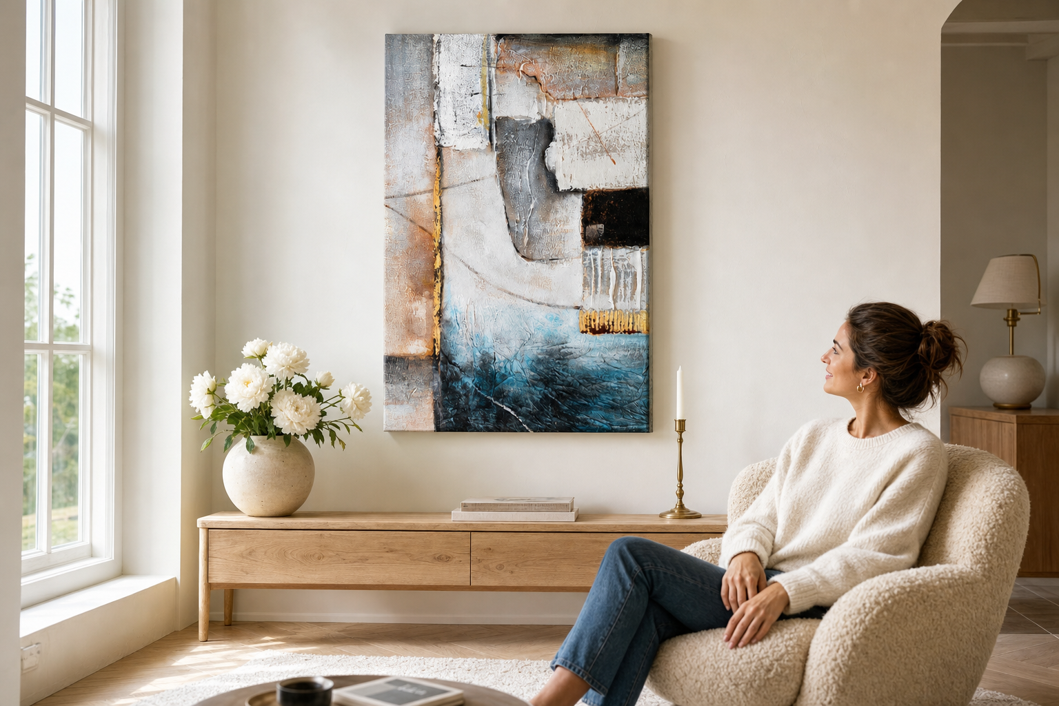 Oslikana slika na zidu ABSTRAKT 80x120 cm – ručno oslikana slika u elegantnom enterijeru (Scandi cream) | wall mockup | premium canvas | Papilora.sk