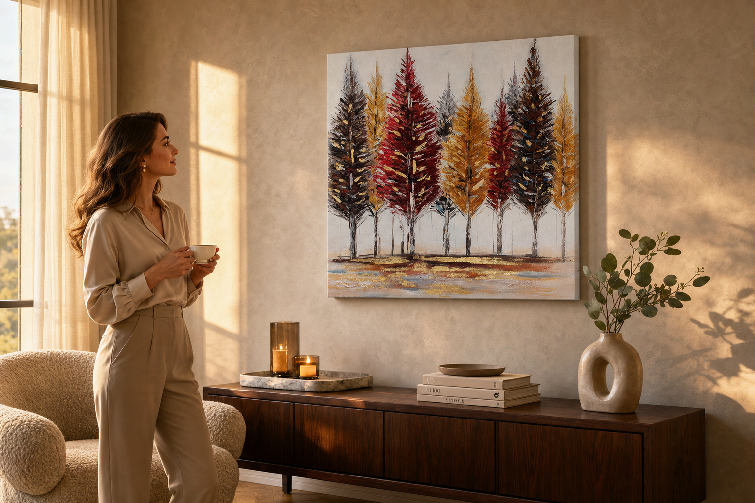 Oslikana slika na zidu DRVEĆE 70x70 cm – ručno oslikana slika u elegantnom enterijeru (Golden hour luxe) | wall mockup | premium canvas | Papilora.sk