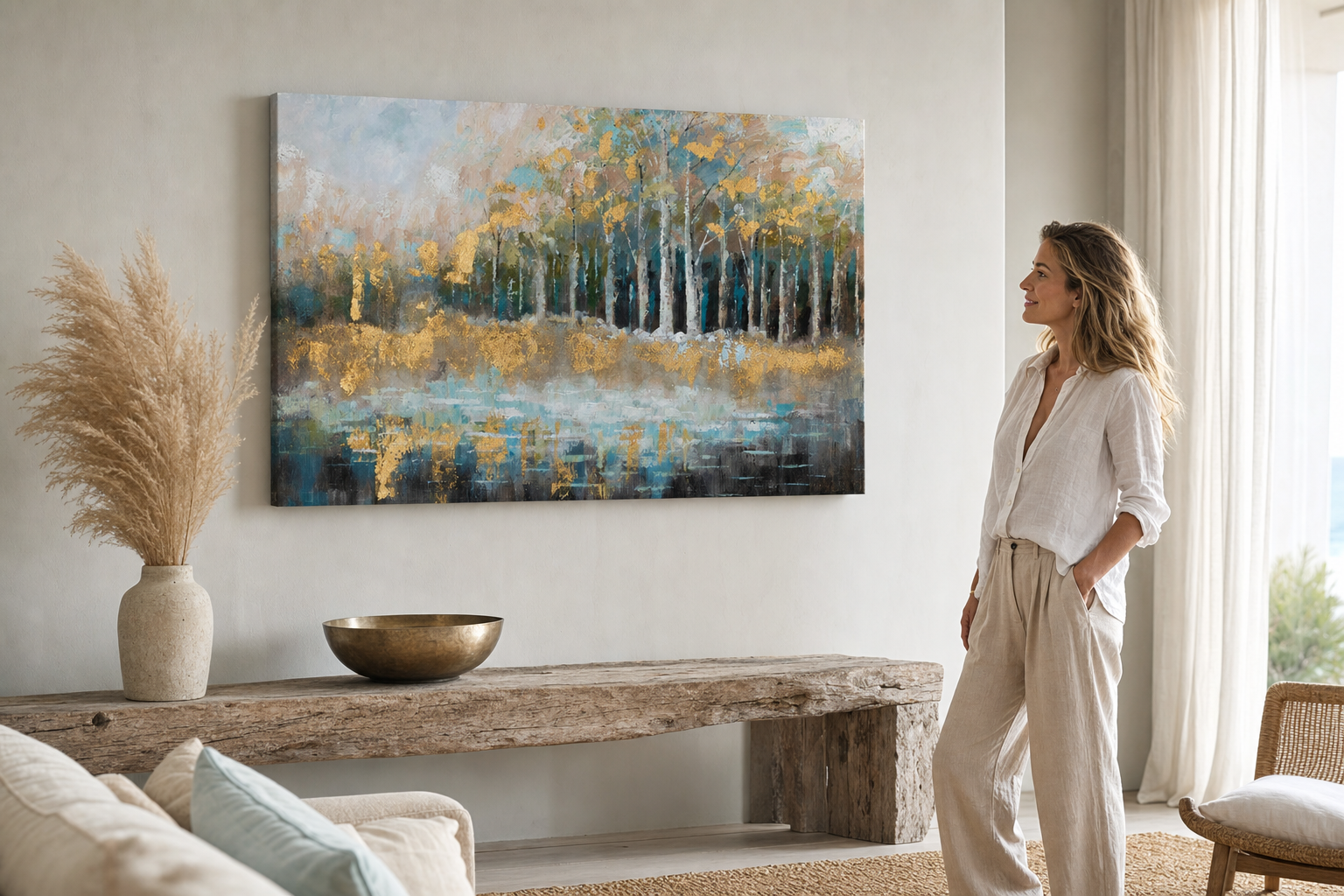 Oslikana slika na zidu DRVEĆE 90x60 cm – ručno oslikana slika u elegantnom enterijeru (Modern coastal) | wall mockup | premium platno | Papilora.sk