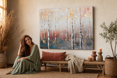 Oslikana slika za zid DRVEĆE 100x80 cm – ručno oslikana slika u elegantnom enterijeru (Bohemian warm) | wall mockup | premium platno | Papilora.sk