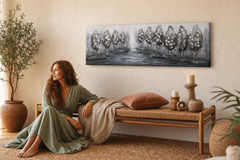 Oslikana slika za zid DRVEĆE 150x50 cm – ručno oslikana slika u elegantnom enterijeru (Bohemian warm) | wall mockup | premium platno | Papilora.sk