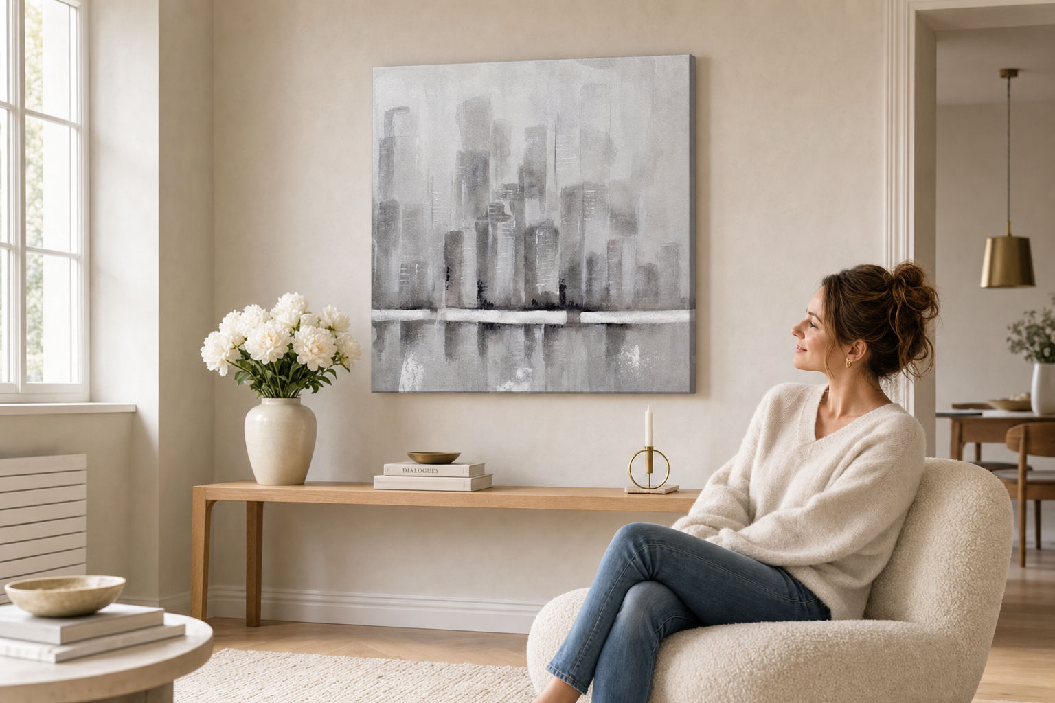 Oslikana slika za zid GRAD 75x75 cm – ručno oslikana slika u elegantnom enterijeru (Scandi cream) | wall mockup | premium canvas | Papilora.sk
