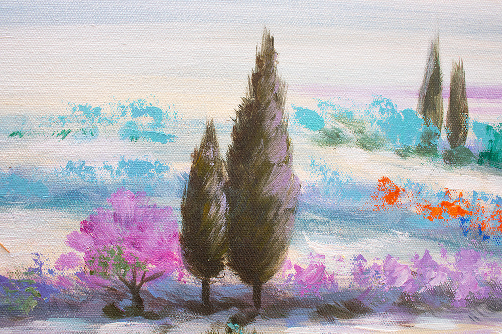 Makro detalj ručno oslikane slike sa motivom pejzaža sa poljima lavande u pastelnim bojama – vidljiva tekstura akrilnih poteza i reljef, Papilora.