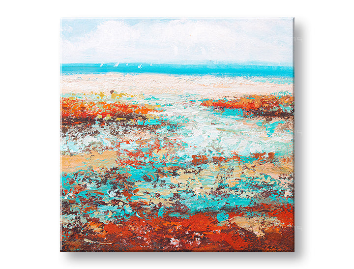 Ručno oslikana slika na platnu sa motivom apstraktnog pejzaža u tirkizno-crvenim bojama – 3D vizualizacija platna sa vidljivim drvenim podramom, Papilora.