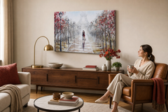 Oslikana slika za zid PARIZ 90x60 cm – ručno oslikana slika u elegantnom enterijeru (Mid-century warm) | wall mockup | premium canvas | Papilora.sk