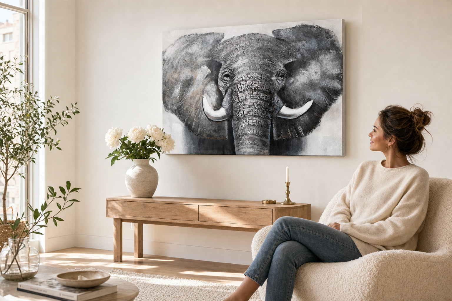 Oslikana slika za zid SLON 100x70 cm – ručno oslikana slika u elegantnom enterijeru (Scandi cream) | wall mockup | premium platno | Papilora.sk