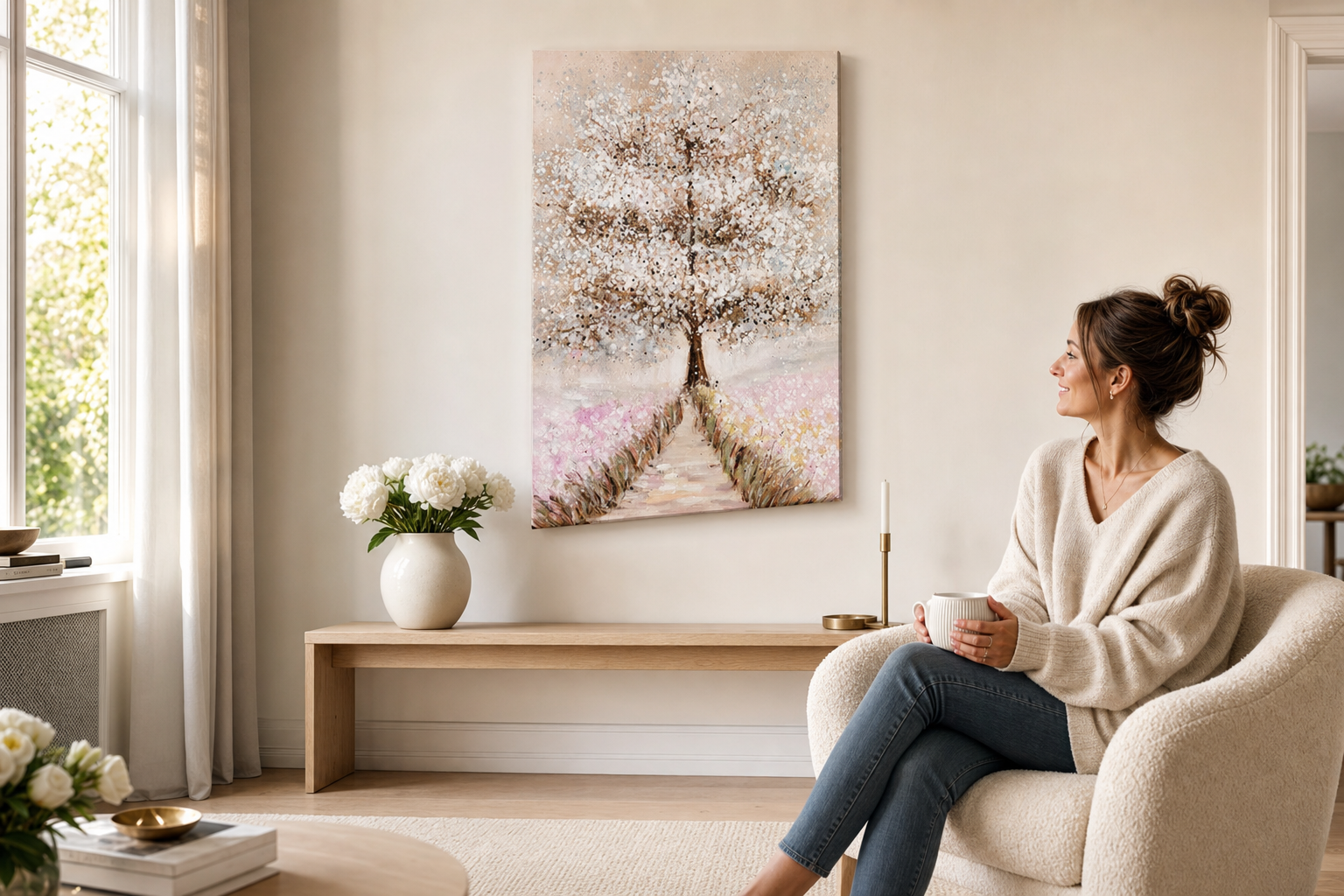 Oslikana slika na zidu DRVO 60x90 cm – ručno oslikana slika u elegantnom enterijeru (Scandi cream) | wall mockup | premium canvas | Papilora.sk