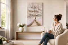 Oslikana slika na zidu DRVO 60x90 cm – ručno oslikana slika u elegantnom enterijeru (Scandi cream) | wall mockup | premium canvas | Papilora.sk