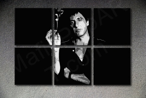 Pop art slika na platnu s motivom SCARFACE-AL PACINO 6 delni XXL Akcia al8, cvet u sivo-crnih nijansama, dramatična atmosfera, pogodan za dnevnog boravka – glavna