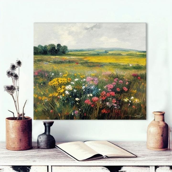 U boho stilu slika na platnu s motivom livada, drveće, nebo, cveće, priroda u belo-ružičastih nijansama, mirna atmosfera, priroda i prolećna atmosfera – proizvod
