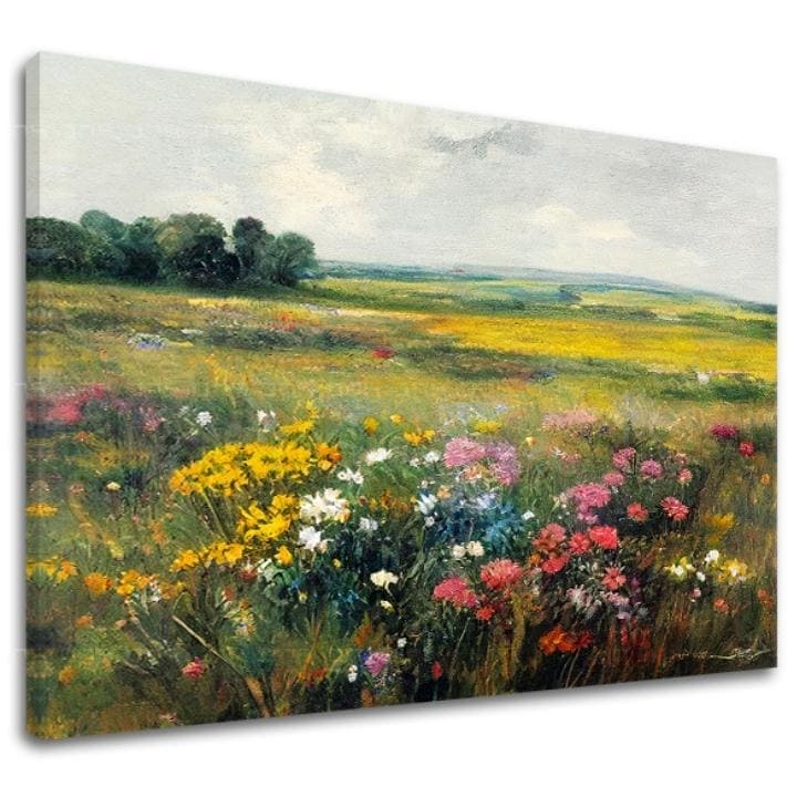 U boho stilu slika na platnu s motivom livada, drveće, nebo, cveće, priroda u belo-ružičastih nijansama, mirna atmosfera, priroda i prolećna atmosfera – glavna