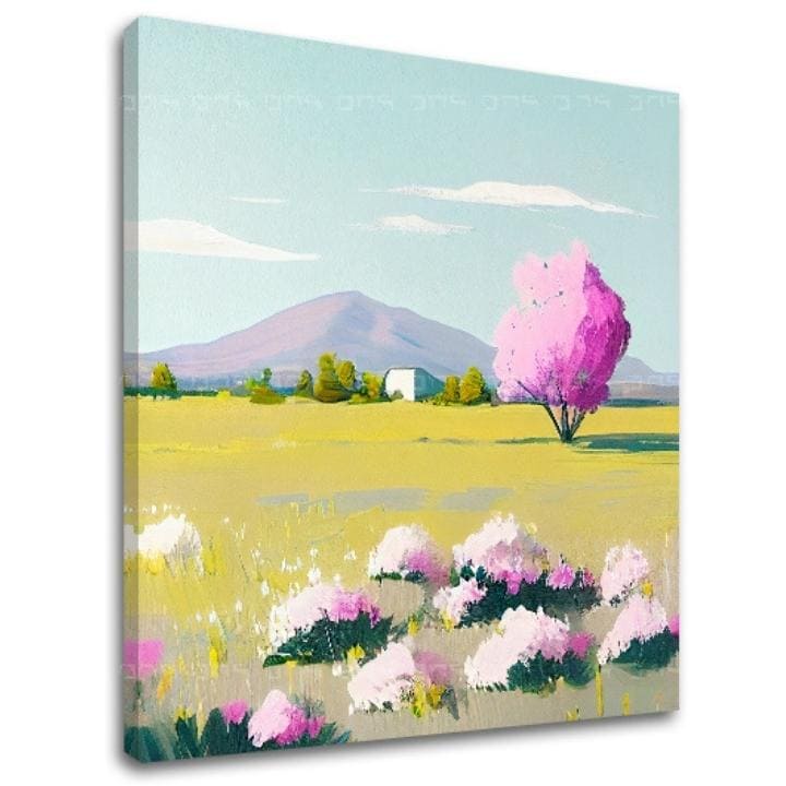 Moderan slika na platnu s motivom pejzaž, drvo, cveće, planine, nebo u belo-zelenih nijansama, mirna atmosfera, priroda i prolećna atmosfera – glavna