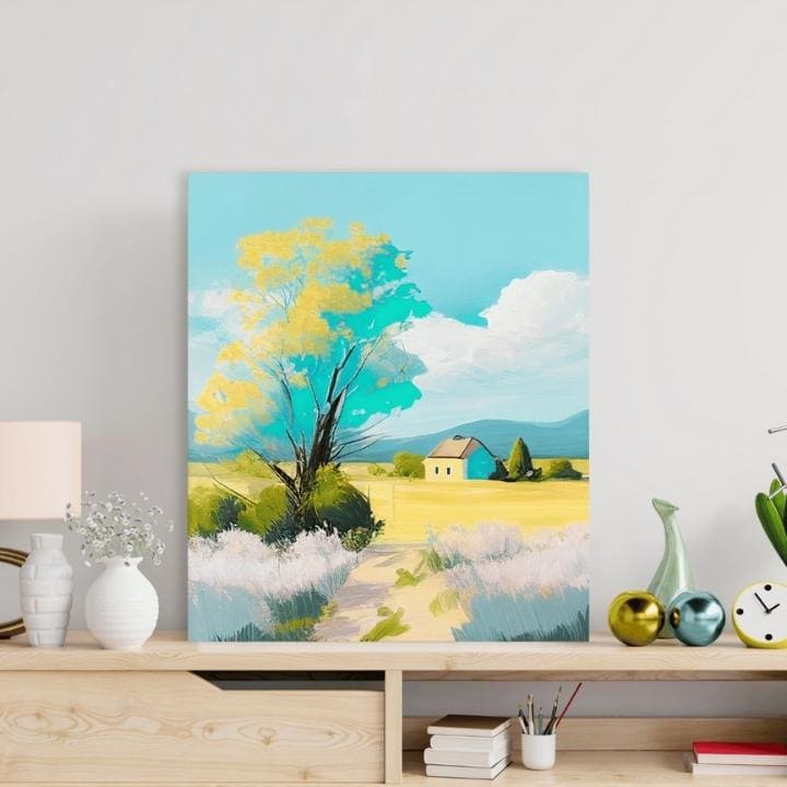 Pop art slika na platnu s motivom drvo, stazica, nebo, oblaci, cveće u višebojnih nijansama, mirna atmosfera, priroda i dom, pogodan za dnevnog boravka – proizvod