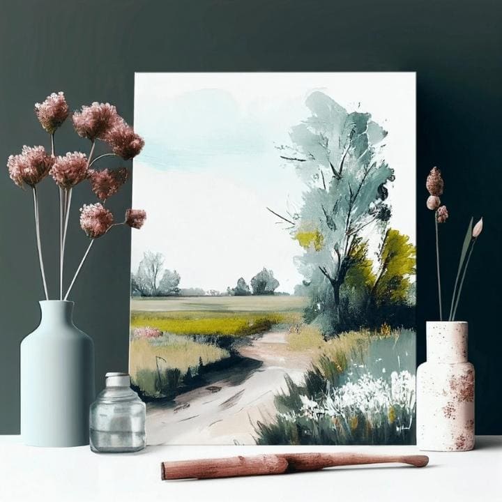 U boho stilu slika na platnu s motivom stazica, drveće, polje, nebo, pejzaž u belo-smeđih nijansama, mirna atmosfera, priroda, pogodan za dnevnog boravka – proizvod