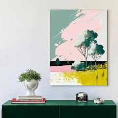 Pop art slika na platnu s motivom drveće, polje, nebo, sunce, cveće u plavo-ružičastih nijansama, vesela atmosfera, prolećna atmosfera i priroda – proizvod