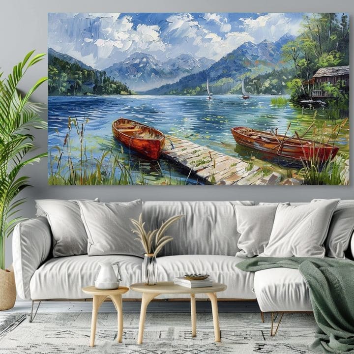 Pop art slika na platnu s motivom Miesto na oddych, jezero, planine, dečji motiv, životinja u belo-plavih nijansama, mirna atmosfera, pogodan za dnevnog boravka – proizvod
