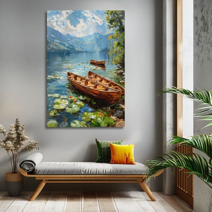 Pop art slika na platnu s motivom Romantika vo dvojici, jezero, planine, nebo u belo-smeđih nijansama, mirna atmosfera, priroda, pogodan za dnevnog boravka – proizvod, pogled 2