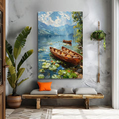 Pop art slika na platnu s motivom Romantika vo dvojici, jezero, planine, nebo u belo-smeđih nijansama, mirna atmosfera, priroda, pogodan za dnevnog boravka – proizvod