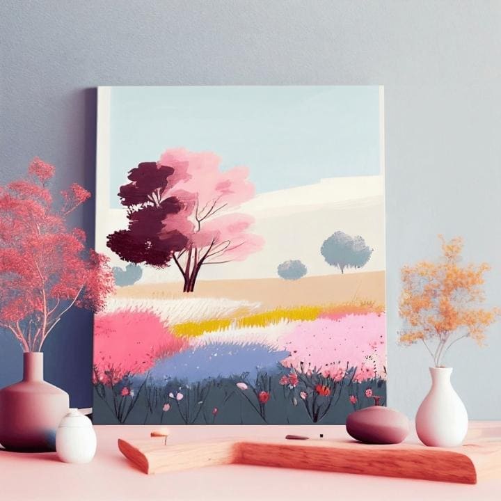 U boho stilu slika na platnu s motivom drvo, cveće, polje, nebo, priroda u višebojnih nijansama, sanjiva atmosfera, priroda i prolećna atmosfera – proizvod