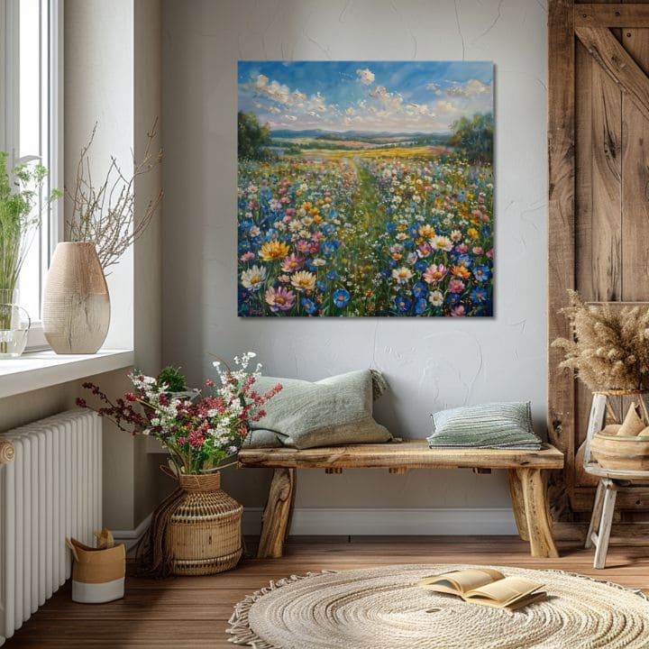 U skandinavskom stilu slika na platnu s motivom Letná livada, livada, nebo, oblaci, priroda u belo-plavih nijansama, vesela atmosfera, pogodan za hodnika – proizvod