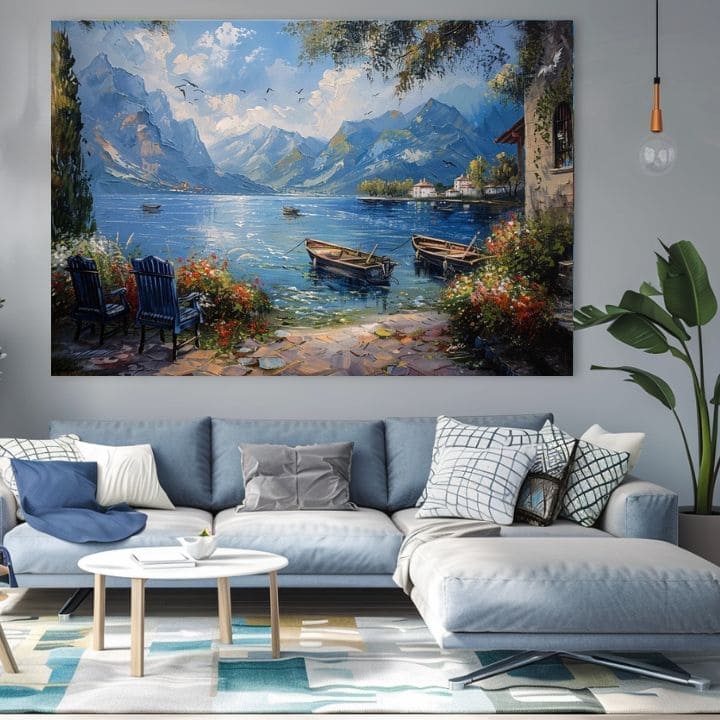 Art deko slika na platnu s motivom Prístav v horách, planine, jezero, cveće u belo-plavih nijansama, mirna atmosfera, priroda, pogodan za dnevnog boravka – proizvod, pogled 2