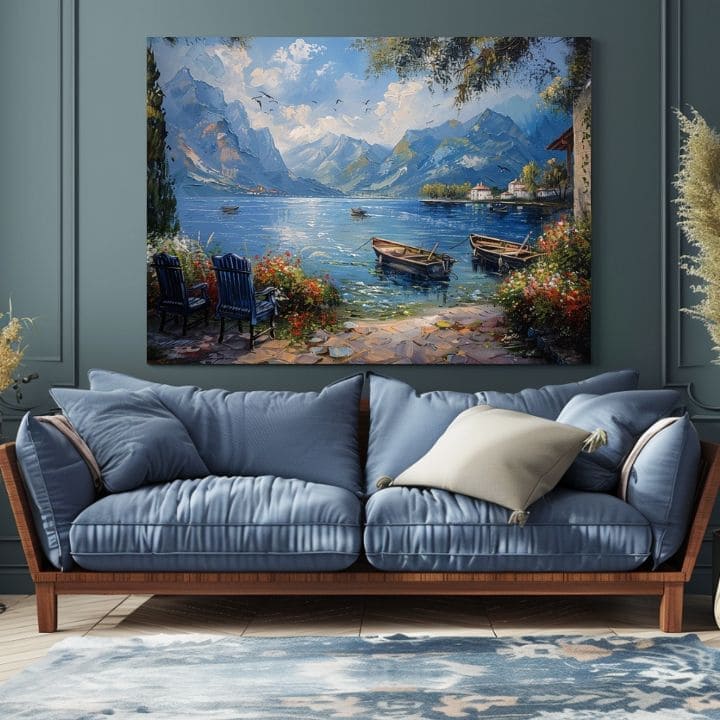 Art deko slika na platnu s motivom Prístav v horách, planine, jezero, cveće u belo-plavih nijansama, mirna atmosfera, priroda, pogodan za dnevnog boravka – proizvod