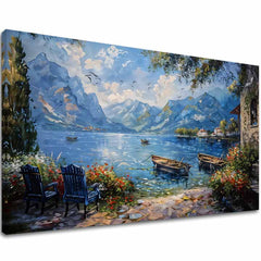 Art deko slika na platnu s motivom Prístav v horách, planine, jezero, cveće u belo-plavih nijansama, mirna atmosfera, priroda, pogodan za dnevnog boravka – glavna
